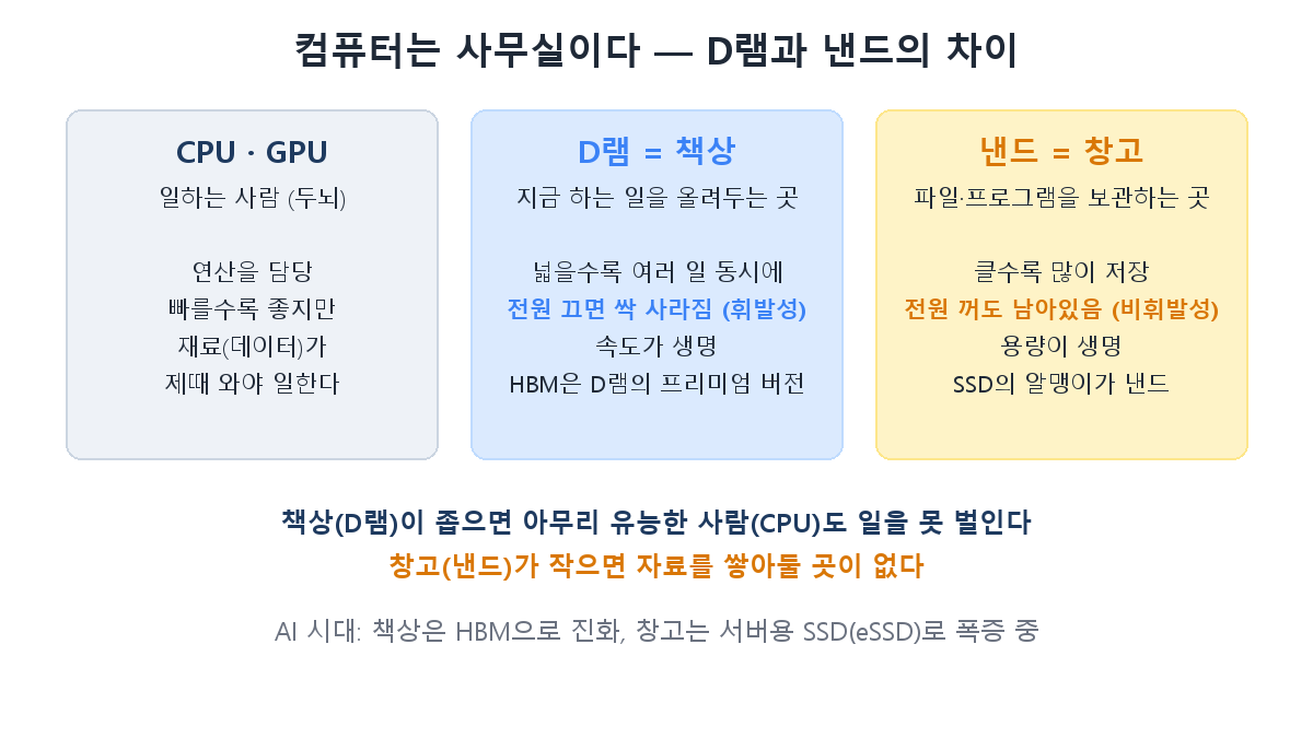 컴퓨터를 사무실에 비유한 D램과 낸드의 차이 도해