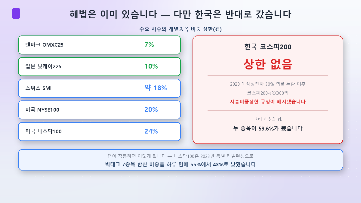 주요국 지수의 비중 상한 규정과 코스피200 비교