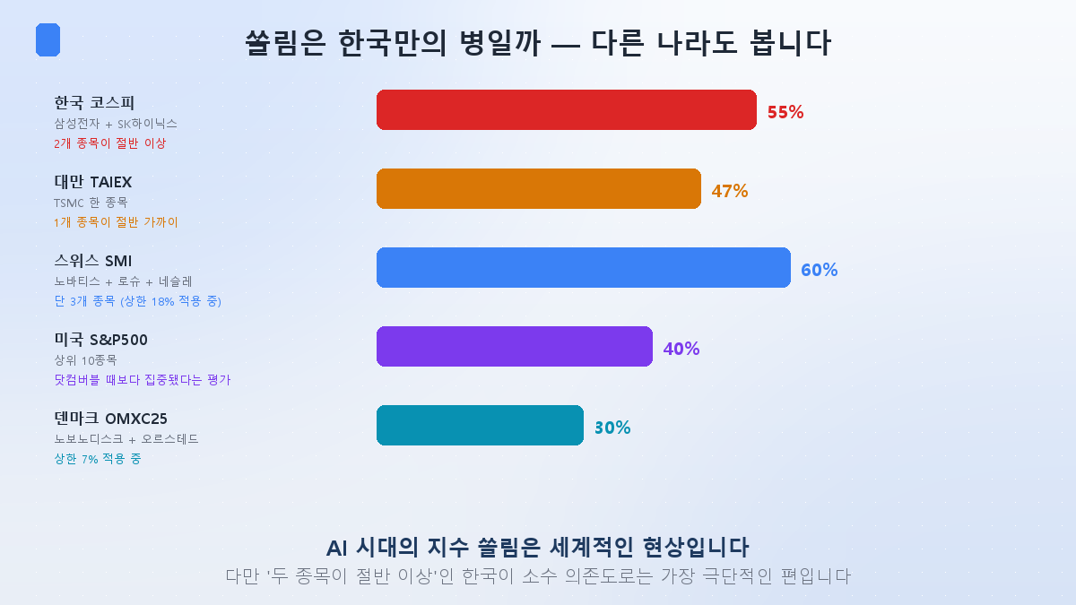 한국·대만·스위스·미국·덴마크의 지수 쏠림 비교
