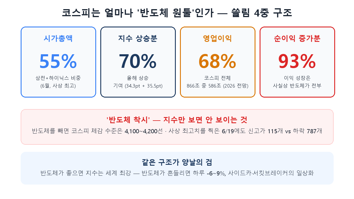 코스피 쏠림 4중 구조 — 시총 55%, 상승 기여 70%, 영업이익 68%, 순이익 증가분 93%
