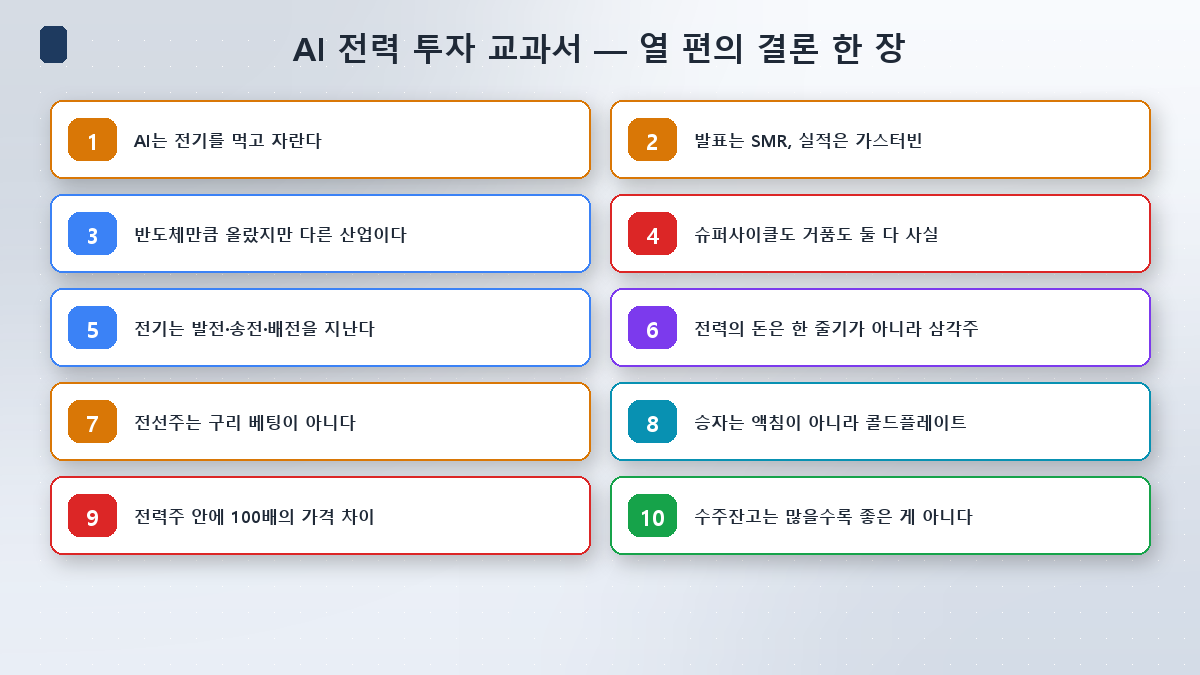 AI 전력 투자 교과서 10편의 결론을 한 장에 정리한 표