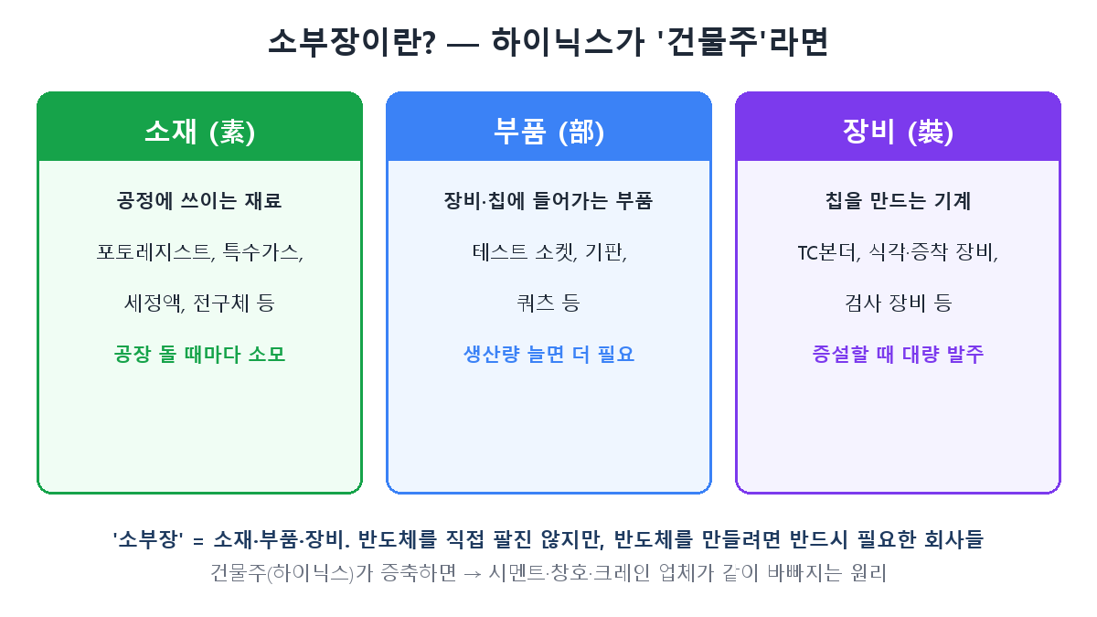 소부장 3분류 — 소재·부품·장비를 건설에 비유한 도해